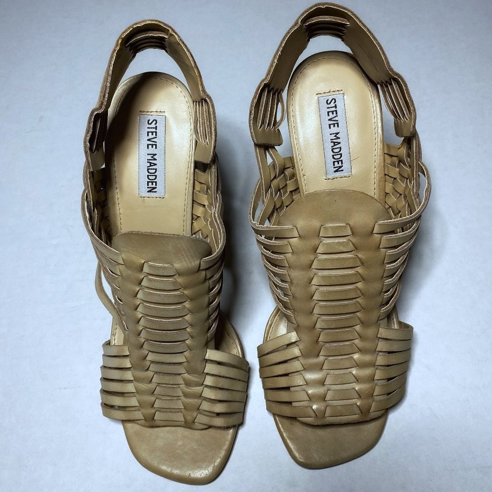 Steve Madden 10 M Sutton Leather Block Stacked Heel Shoes Tan Sandals Sling Back